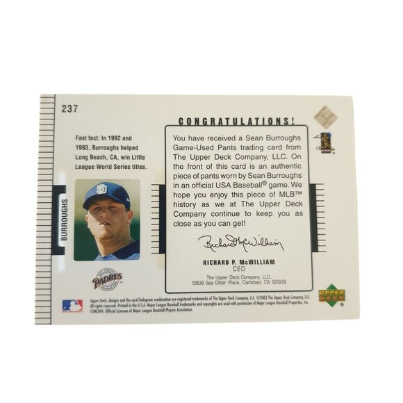 Sean Burroughs Upper Deck Diamond Collection Jersey Card Padres Limited 594/775 - Picture 3 of 3